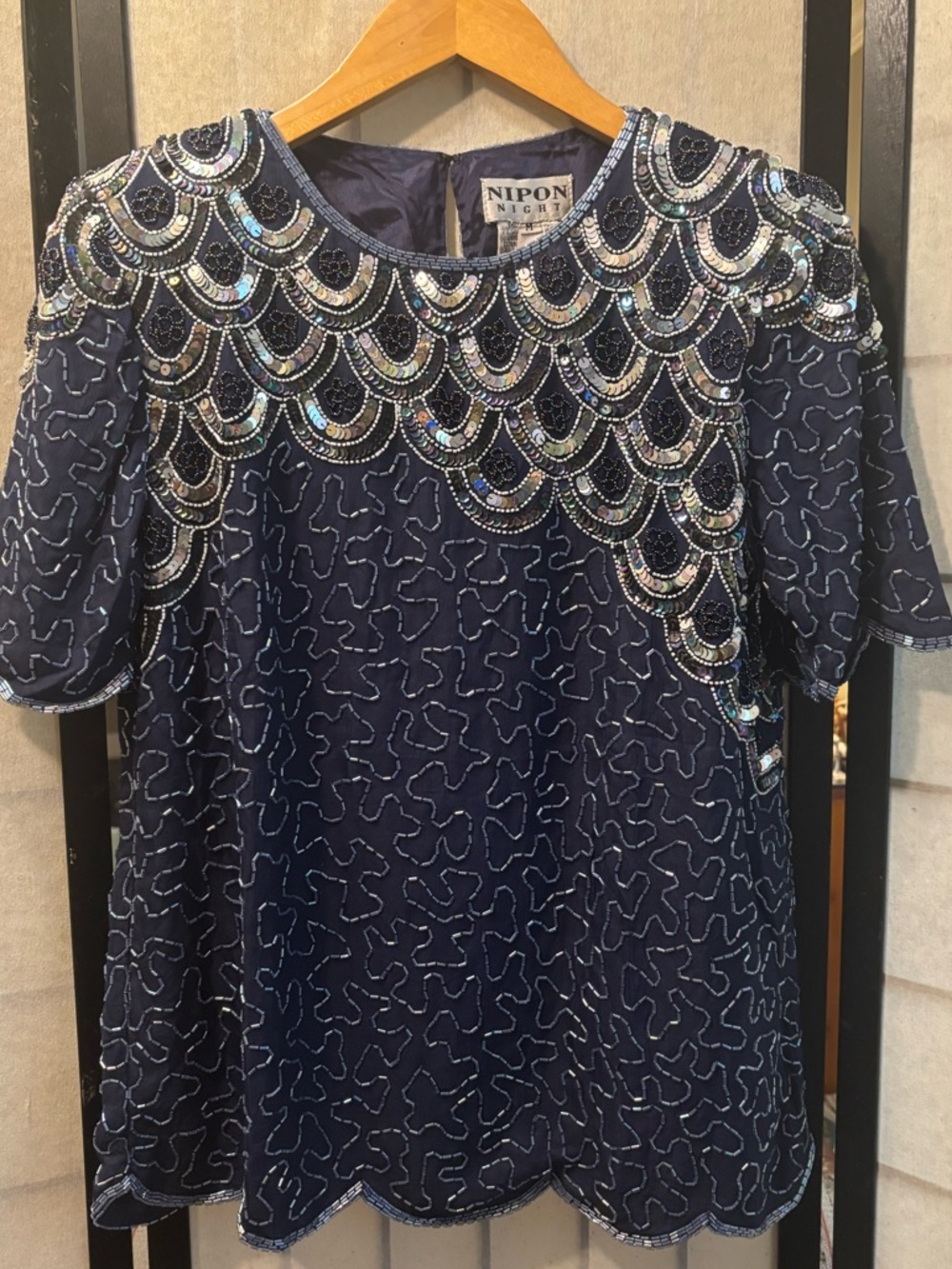 NIPON NIGHT Silk Vintage 80’s Sequined Embellished Beaded Short Sleeve Top